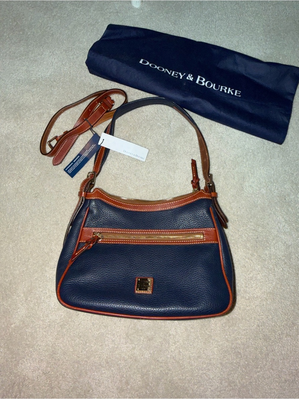 Dooney & Bourke Navy and Brown Pebbled Leather Shoulder Bag